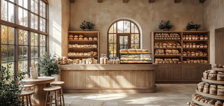Sunlit Bakery Interior Rustic Wooden Shelves Displaying Fresh Bread Window View Counter and Seating