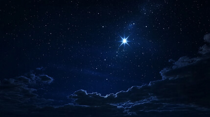 Naklejka premium A night sky with a bright star shining amidst numerous small stars and light clouds on the horizon