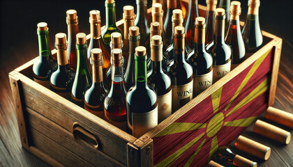A wooden crate filled with assorted wine bottles, adorned with the Republic of Macedonia flag, symbolizing the rich tradition and diversity of wine industry.