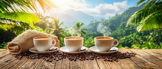Tropical Coffee Break Three steaming cups of coffee on a rustic wooden table with coffee beans a burlap bag and a lush green jungle backdrop