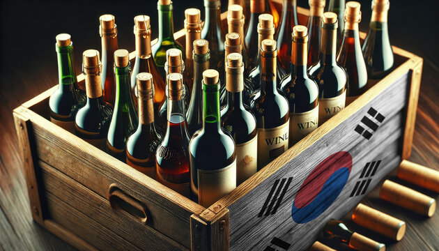A wooden crate filled with assorted wine bottles, adorned with the Republic of Korea flag, symbolizing the rich tradition and diversity of wine industry.
