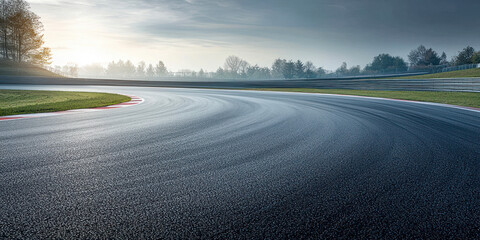 Wide angle empty cornering asphalt modern circuit road.