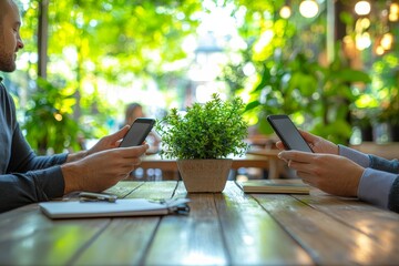 Two People Texting at a Table with a Plant Closeup Perspective Blurred Green Background Connection Concept