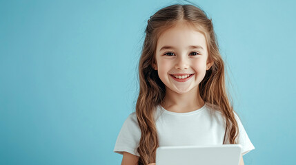 Young girl smiling while holding a tablet against a pale blue background indoors