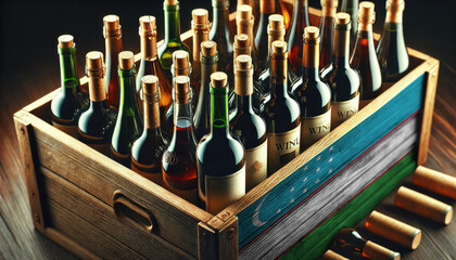 A wooden crate filled with assorted wine bottles, adorned with the Uzbekistan flag, symbolizing the rich tradition and diversity of wine industry.