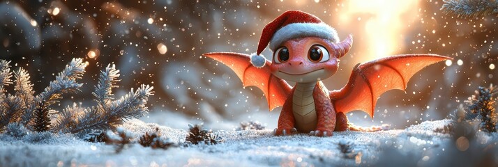 Cute dragon in a Santa hat, on a winter background creates an atmosphere of joy and festivity