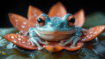 Blue Frog on a Water Lily with Water Droplets