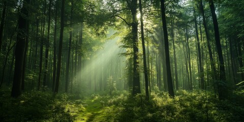 Fototapeta premium A lush, sunlit forest with dense foliage and beams of light shining through the trees, evoking a peaceful atmosphere.