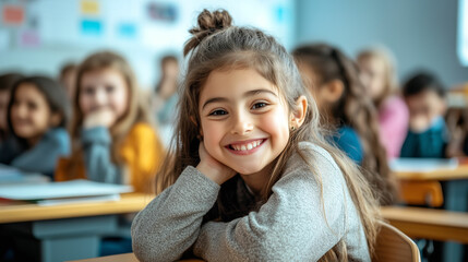 Young girl smiling brightly in a classroom filled with students during a cheerful school day