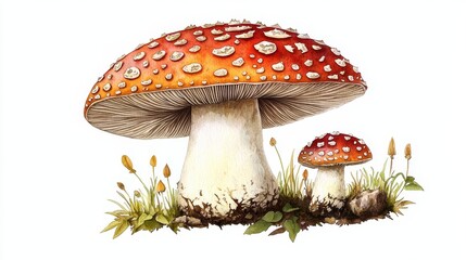 Watercolor Illustration of Two Red and White Mushrooms with Grass, Mushroom, Watercolor, Nature