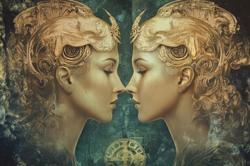 Artistic representation of the gemini zodiac sign in a twelve zodiacs concept photography shot