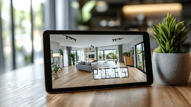 Virtual Tour of Modern Living Room with Floor Plan Displayed on Tablet, Interior Design, Home Decor, 3D Rendering