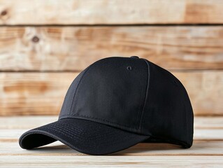 Urban style baseball cap, flat brim, placed on a wooden surface, close-up of fabric texture, ideal for streetwear brand mockups
