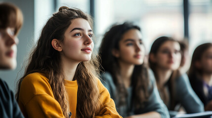 Obraz premium Engaged students attentively listening during a lecture in a modern classroom setting