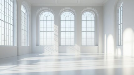 Fototapeta premium White Room with Large Arched Windows and Sunbeams
