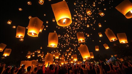 Obraz premium Glowing lanterns released into the night sky during a festive celebration event