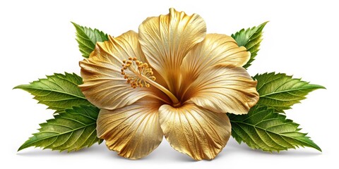 Golden Hibiscus Flower with Green Leaves, Hibiscus, Gold, Floral , Tropical