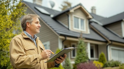 Professional inspector examines a residential property outside while making notes on clipboard during a sunny day in autumn
