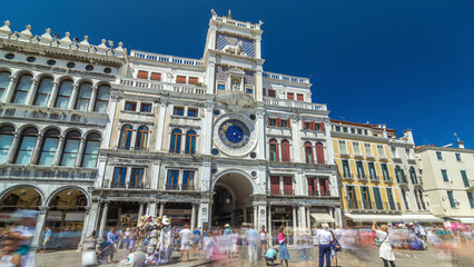St Mark's Clock tower timelapse hyperlapse on Piazza San Marco, facade, Venice, Italy.