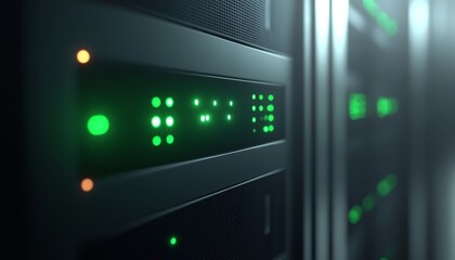 Close up of server rack with glowing green led panel and security button for cybersecurity