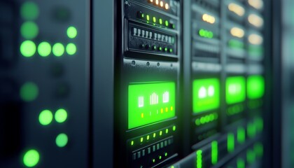 Naklejka premium Close up of server rack with glowing green led panel and security button for cybersecurity