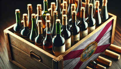 A wooden crate filled with assorted wine bottles, adorned with the Florida flag, symbolizing the rich tradition and diversity of wine industry.