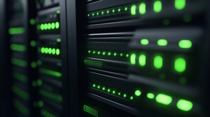 Close up of server rack with green led panel and security button for cybersecurity concept