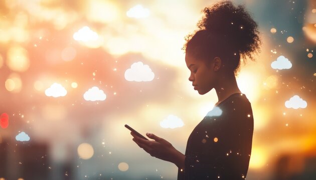 Modern technology concept  woman engaged with smartphone surrounded by cloud icons
