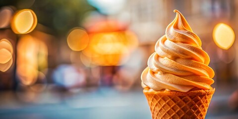 Naklejka premium Golden Ice Cream Cone, City Lights Blur, Close-up, Soft Serve, Dessert, Sweet, Treat