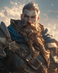 Obraz premium stoic dwarf male warrior with braided beard and stern expression clad in heavy armor under a glowing sky at dawn