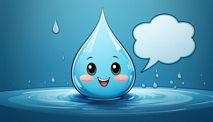 cartoon  of a smiling blue water drop with a speech bubble on a puddle. Water footprint and water saving concept