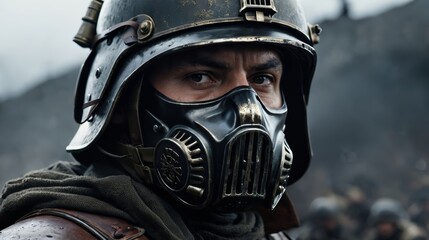 Fototapeta premium Man Wearing Helmet and Gas Mask