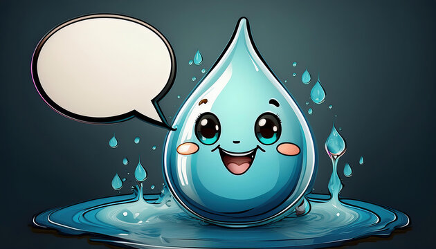 cartoon  of a smiling blue water drop with a speech bubble on a puddle. Water footprint and water saving concept