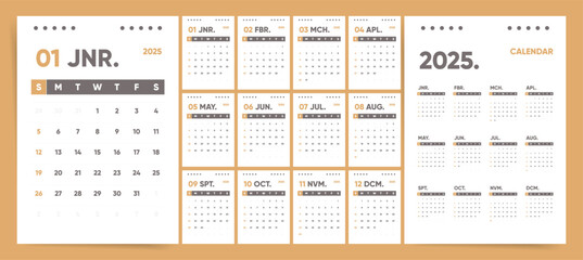 2025 Calendar. Bold Typography Monthly Design with Week Starting Sunday.