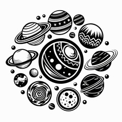 Monochrome planets illustration with intricate details, cosmic theme, black and white, copy space