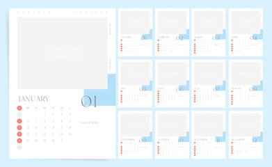 2025 Calendar. Elegant Blue and White Monthly Planner with Notes Section.