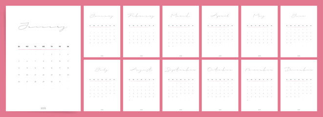 2025 Calendar. Elegant Minimalist Handwritten Monthly Layout in Pink and White.

