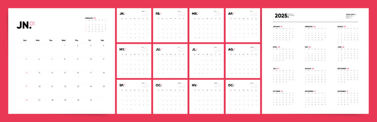 2025 Calendar. Bold Minimalist Red and White Design with Abbreviated Monthly Layout.