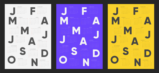 2025 Calendar. Bold Modern Design with Colorful Backgrounds and Large Month Initials.