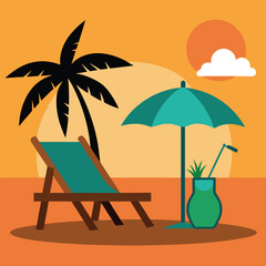 Sunset in sea beach tropical place scene color vector illustration