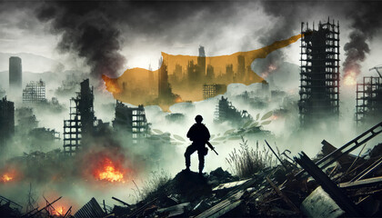 Obraz premium A lone soldier surveys a city in ruins, with the Cyprus flag faintly overlaying the scene, representing the courage and determination of forces in times of war.