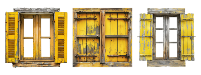 Vintage Yellow Wooden Window Set on Transparent Background
