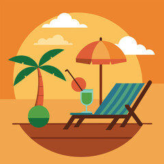 Sunset in sea beach tropical place scene color vector illustration