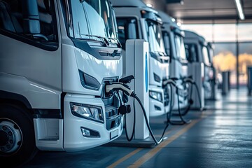 Electric trucks at charging stations with cables connected