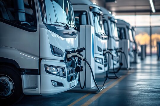 Electric trucks at charging stations with cables connected