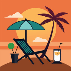 Sunset in sea beach tropical place scene color vector illustration