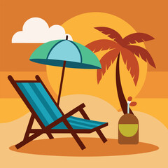 Sunset in sea beach tropical place scene color vector illustration