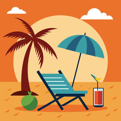 Sunset in sea beach tropical place scene color vector illustration