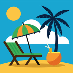 Sunset in sea beach tropical place scene color vector illustration