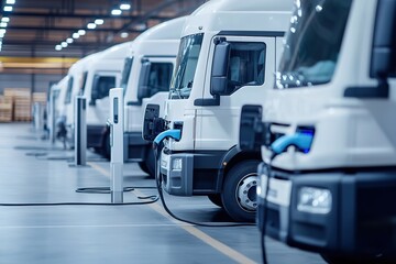 Electric trucks at charging station in warehouse